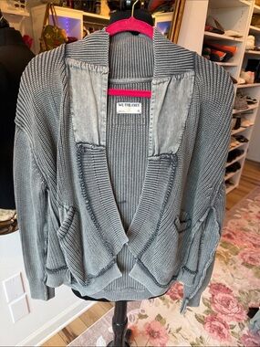 We The Free Gray Ribbed Open-Front Shawl Collar Cardigan